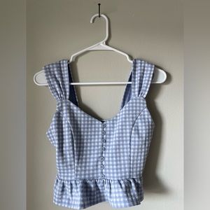 Blue and White Plaid Cropped Peplum Top
